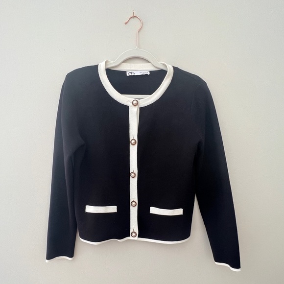 Zara Sweaters - Zara Gold & Pearl Button Cardigan Black with White Trim Size Small